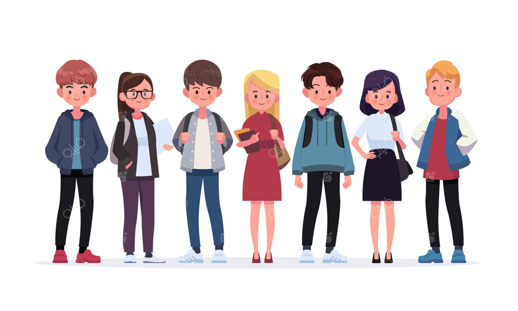 گروهی از دانشجویان جوان - تصویرسازی به سبک فلت و پس‌زمینه سفید