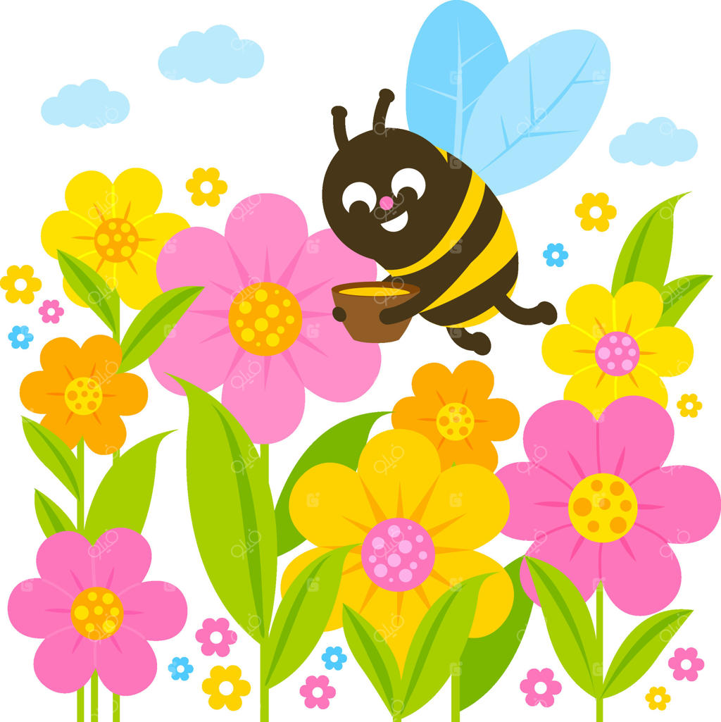زنبور بامزه‌ای که در فصل بهار در باغ در حال پرواز در میان گل‌ها است. شخصیت کارتونی زنبور کارگر که در حال پرواز و حمل یک شیشه عسل است.