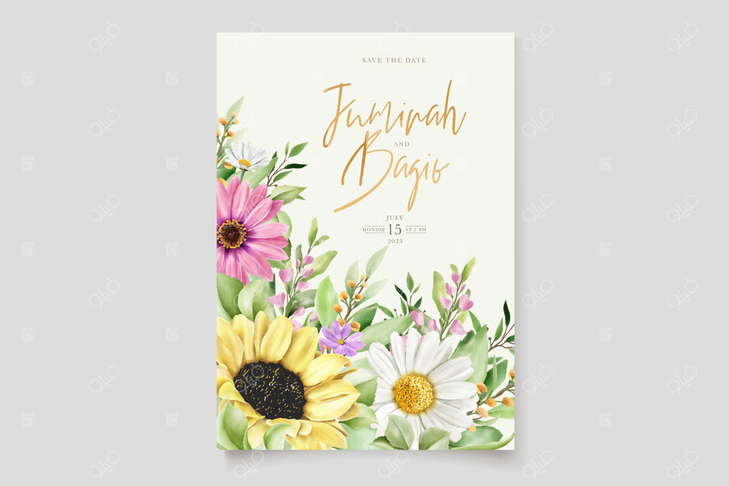 مجموعه کارت دعوت دست‌ساز با طرح گل آفتابگردان و گل مینا