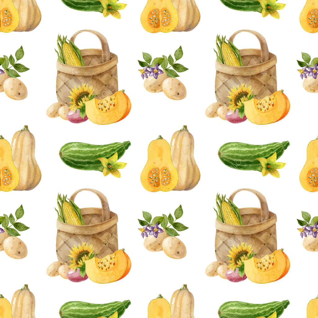 پترن آبرنگ بی‌وقفه با سبزیجات تازه، آفتابگردان و سبدی از پوست درخت توس