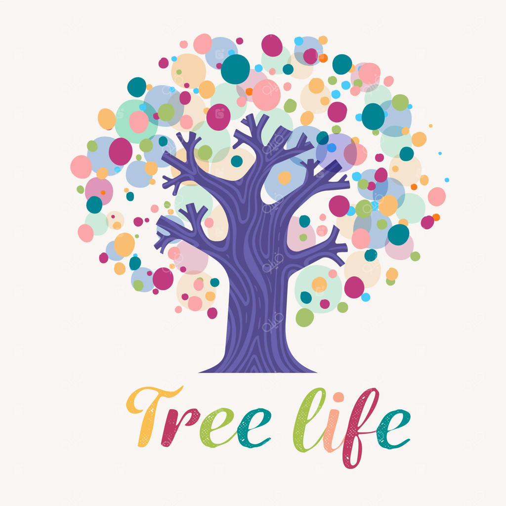 لوگوی زندگی درخت با نقطه‌های رنگارنگ