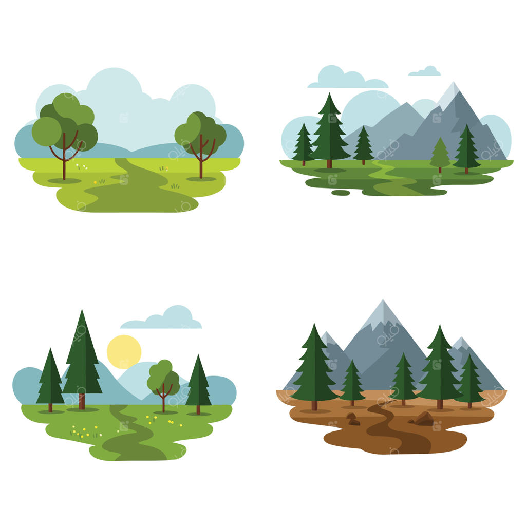 چهار منظره متفاوت با درختان و کوه‌ها