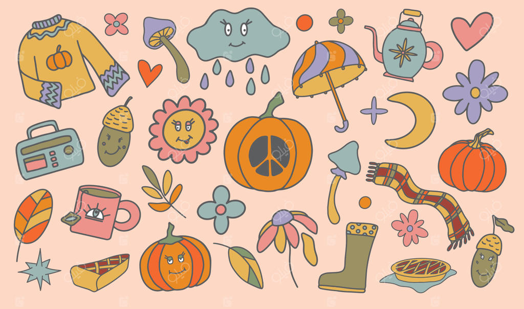 ست پاییزی جذاب و متفاوت: تصویرسازی مد روز پاییز به سبک هیپی مثبت. ابر و گل دستی با چشم‌ها و لبخند، قارچ، کدو حلوایی و پلیور هیپی بر پس‌زمینه‌ای صورتی ملایم. حس و حال نوستالژیک دهه ۷۰.