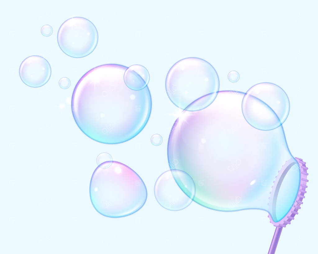 حباب‌های صابونی واقعی با رنگین‌کمان درخشان و ابزار دمیدن حباب‌های براق سه‌بعدی از کف شامپو - بازی کودکانه با دایره‌های رنگی شناور