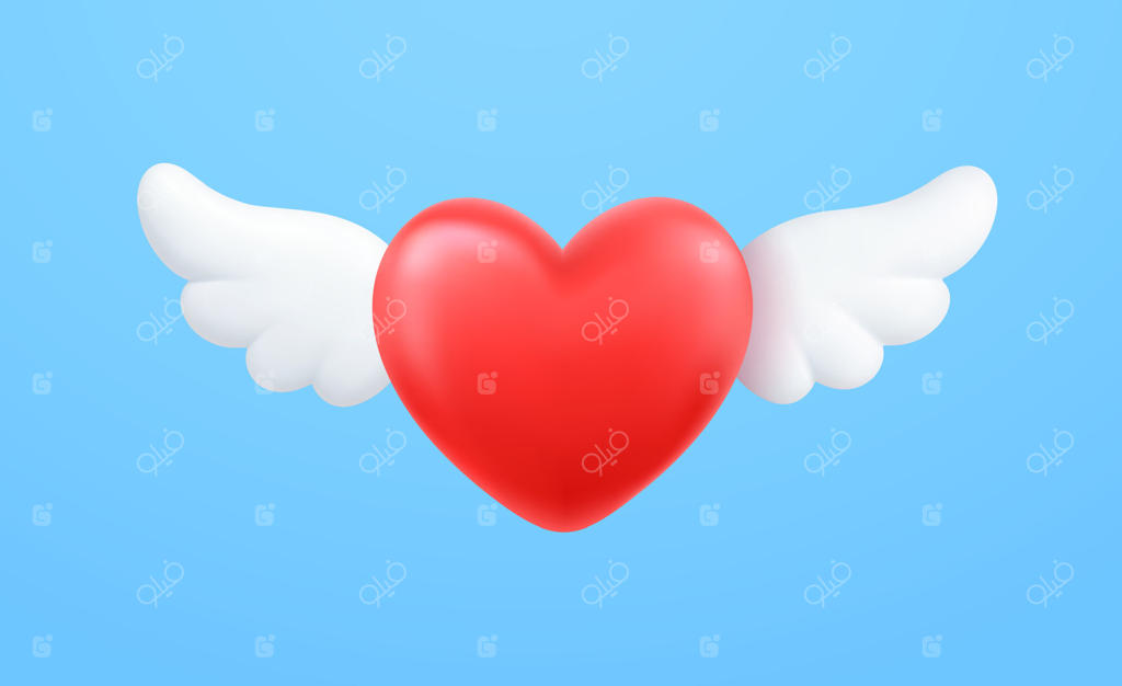 قلب سه‌بعدی قرمز با بال‌ها،