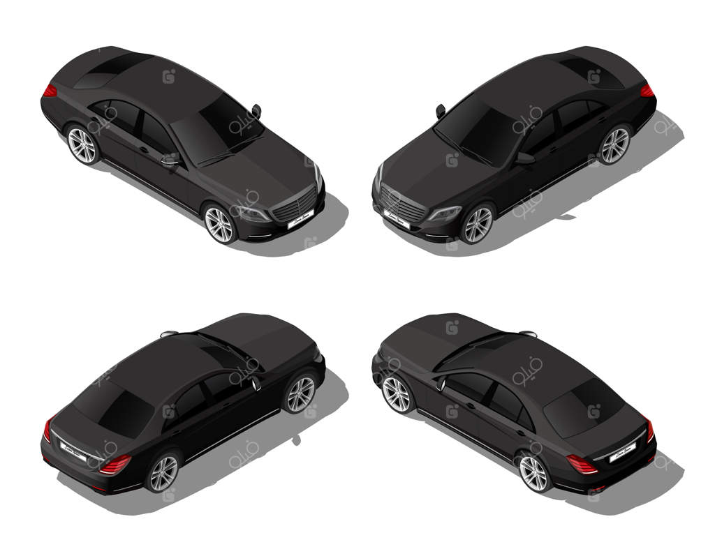 مجموعه ماشین سواری مشکی ایزومتریک از زوایای مختلف خودروی مدرن وکتور بر روی زمینه سفید