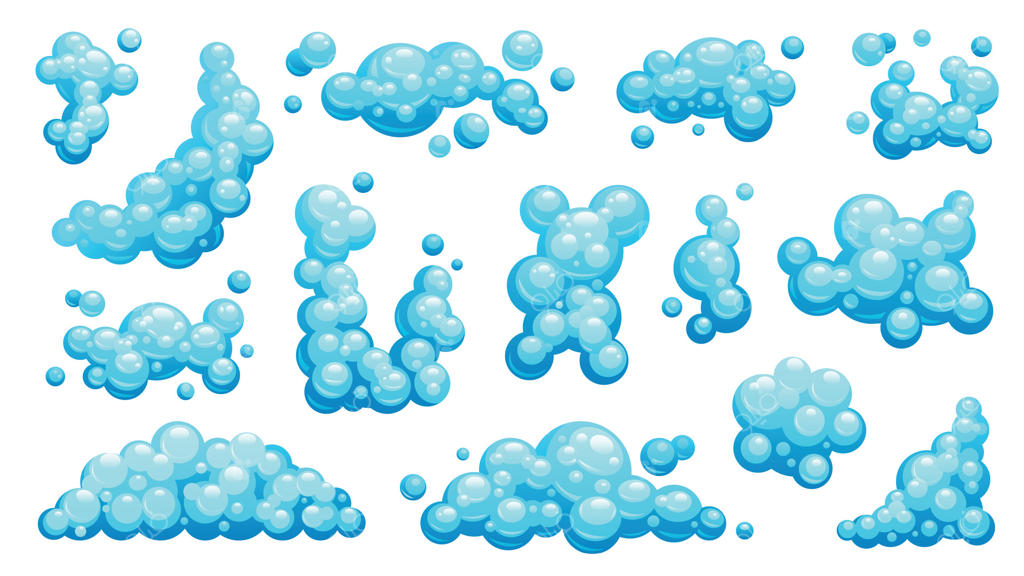 کارتون حباب‌های صابون: کف آبدار و توپک شامپو، افکت بخار دوش. مجموعه‌ای از حباب‌ها و کف. مجموعه وکتور ایزوله