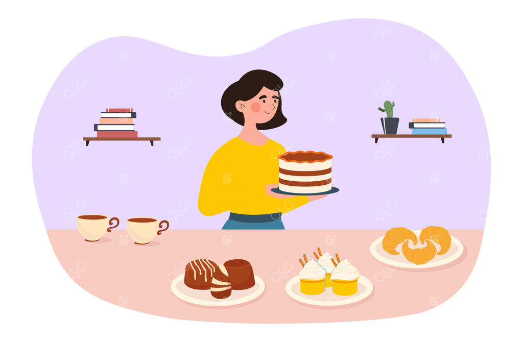 زنی با انواع دسرها