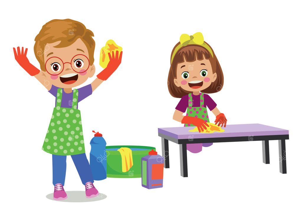 پسر و دختر بامزه و خوشحال در حال تمیز کردن خانه