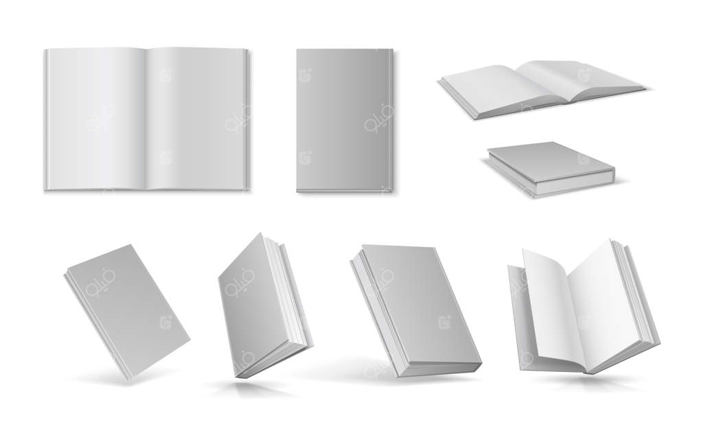 نمونه‌کار کتاب‌های سفید باز و بسته واقعی با جلد خالی. قالب نمای بالا از دفترچه سه‌بعدی با جلد سخت. مجموعه وکتور کتاب‌های شناور و خالی