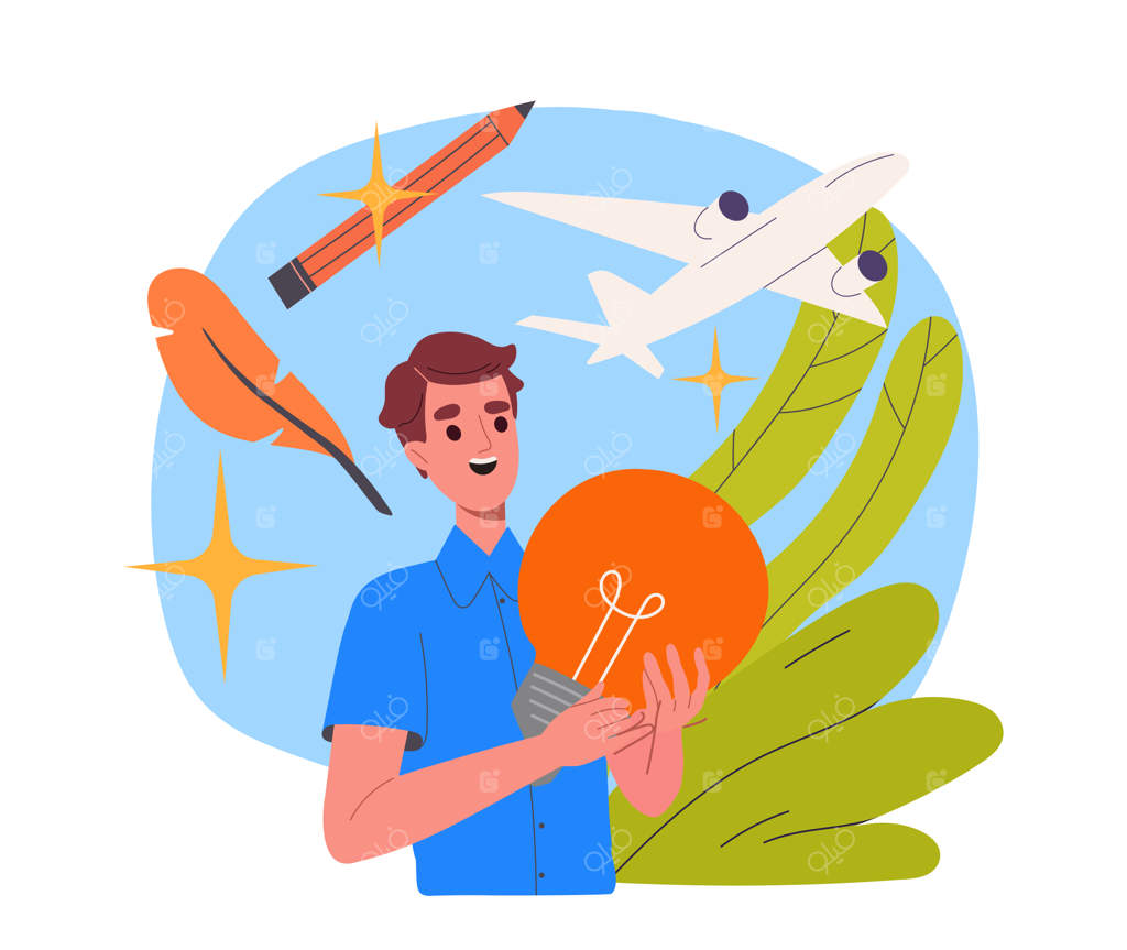 مفهوم مهارت‌های نرم: ایده‌پردازی خلاقانه کارکنان با لامپ روشن و هواپیما، جوانی با...