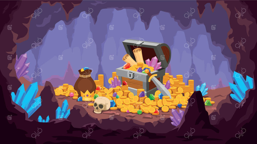 غار گنج: معدن با توده‌ای از سکه‌های طلا، کریستال‌ها، صندوق قدیمی با نقشه و جواهر، کیسه پول و جمجمه. صحنه‌ای کارتونی از گنجینه دزدان دریایی