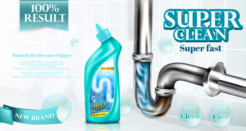 پوستر تبلیغاتی پاک‌کننده لوله فاضلاب، بطری شوینده نزدیک سیفون سینک