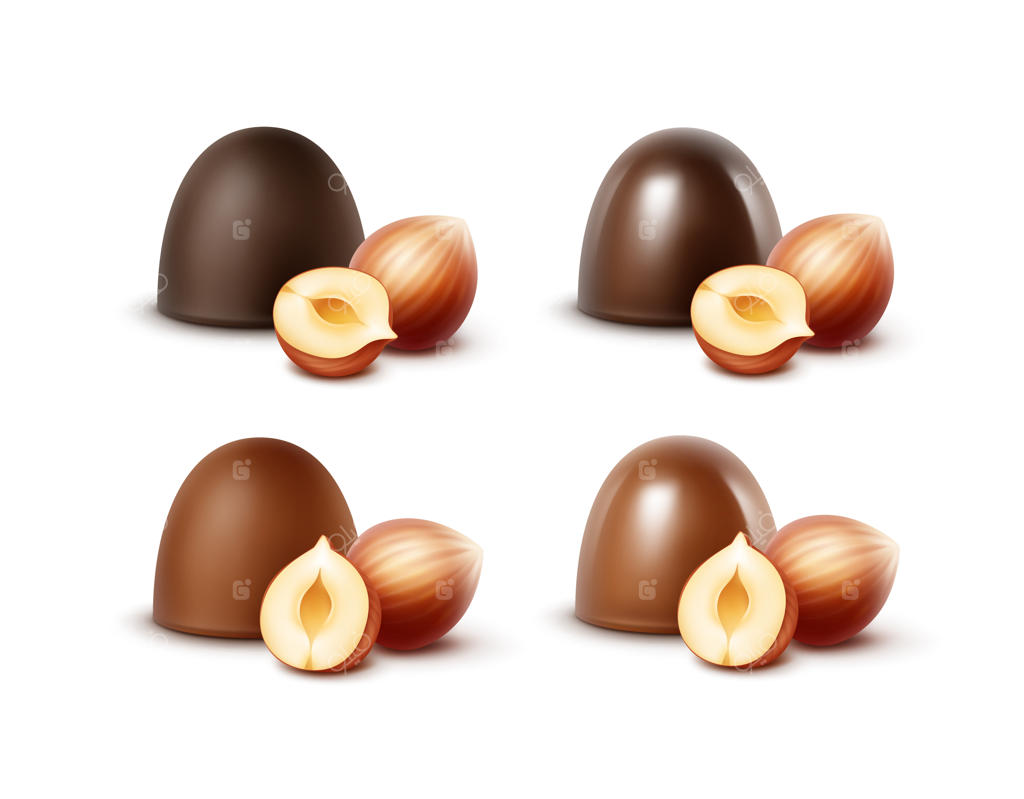 مجموعه وکتور واقعی آب‌نبات‌های شکلات تلخ با فندق روی زمینه سفید