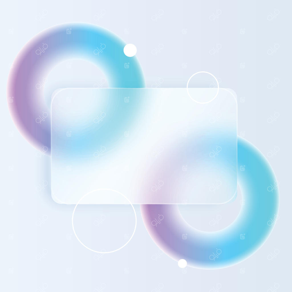 طراحی پس‌زمینه سه‌بعدی و خلاقانه گلس‌مورفیسم؛ دیسک شیشه‌ای گرد و شفاف با کره‌های هندسی رنگارنگ، مناسب برای ارائه‌های تجاری