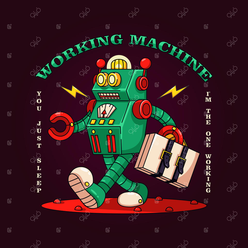 ماشین کار، تصویر ربات در حال کار. وکتور رترو، مناسب برای ماسکوت، تی‌شرت، استیکر و پوستر