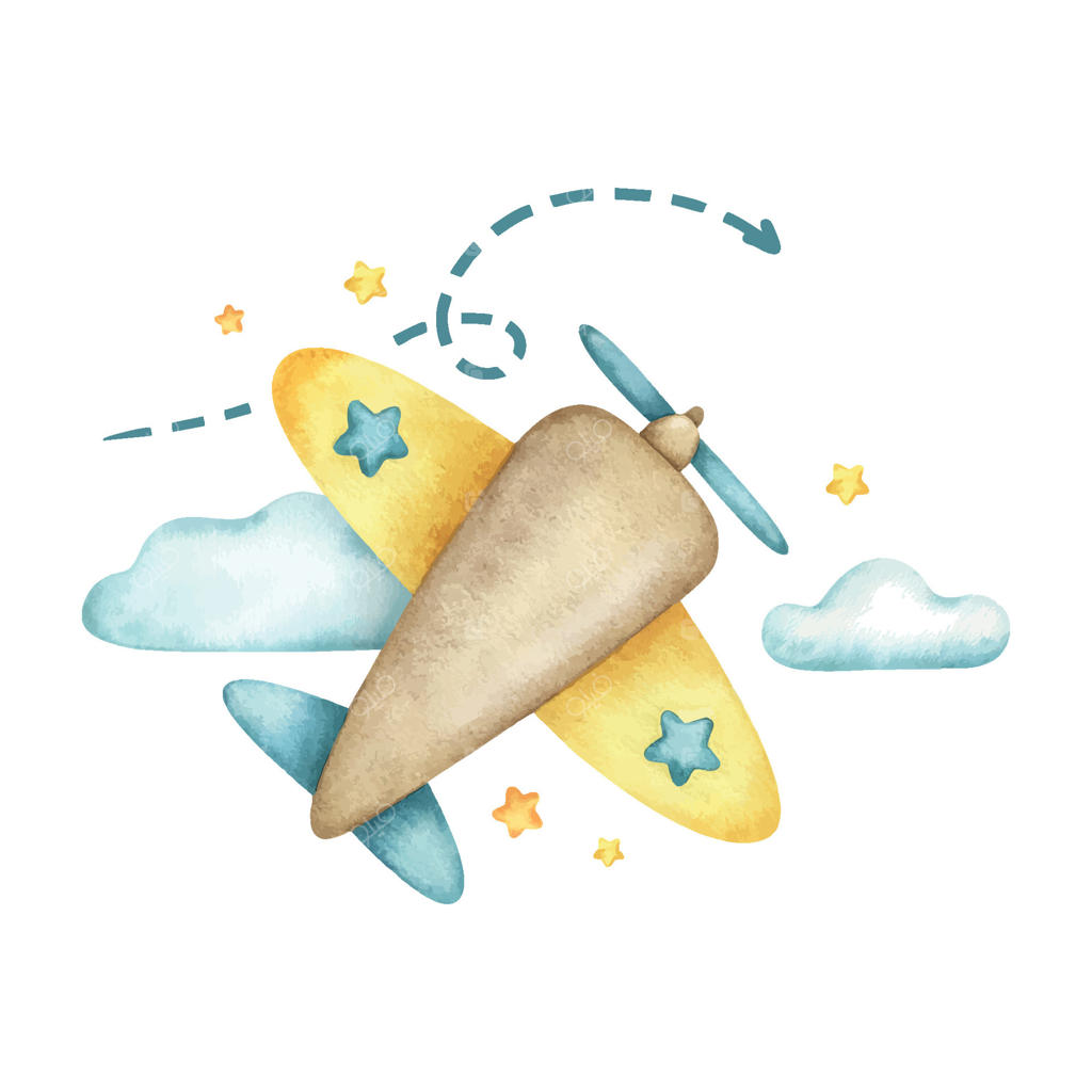 هواپیمای رنگارنگ، ابرها، ستاره‌ها و پیکان: تصویر دست‌ساز برای تولد و کارت تبریک نوزاد