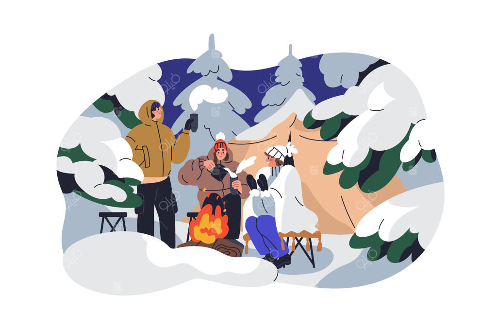 چادر زدن زمستانی در جنگل: گرم شدن با چای داغ کنار آتش، دوستان در طبیعت در کنار آتش میان درختان و برف - تصویر گرافیکی ساده