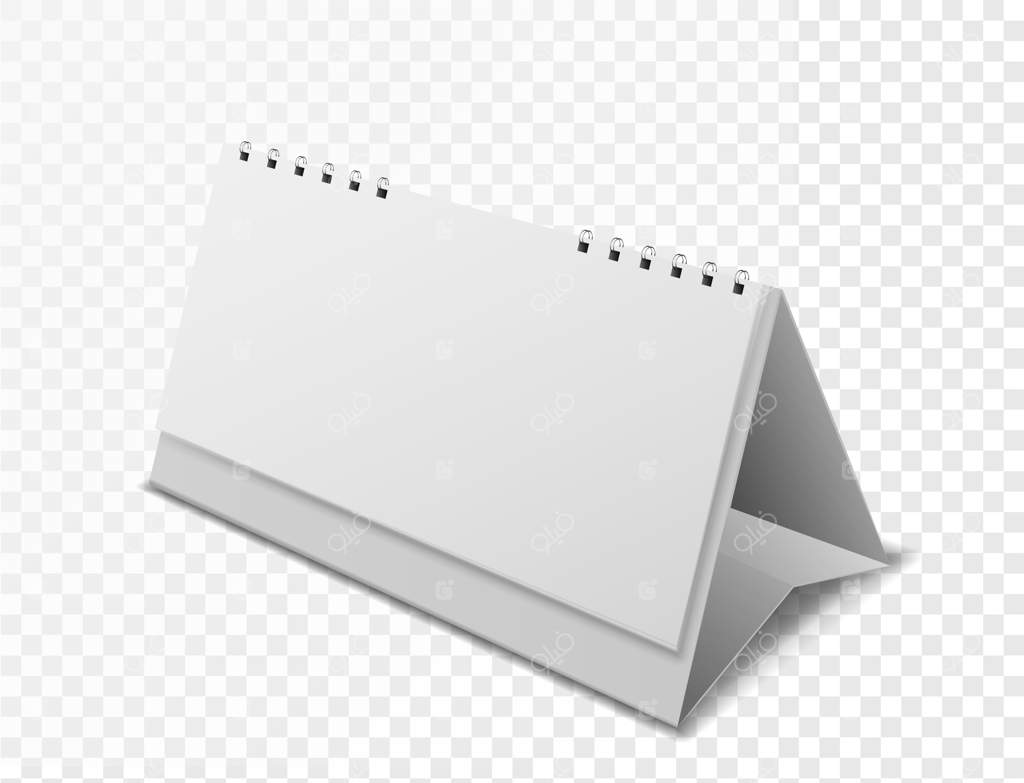 ماکت تقویم خالی: نمای زاویه‌دار تقویم رومیزی اداری، سازمان‌دهنده تمیز با صفحات سفید و مارپیچ، شیء سه‌بعدی واقع‌گرایانه برای برندینگ