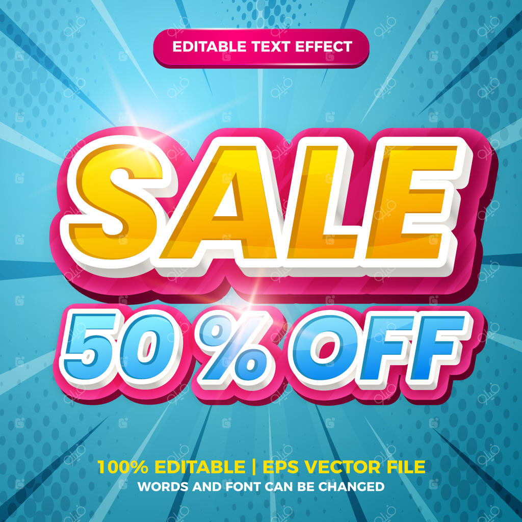تخفیف ۵۰٪ با سبک افکت متنی سه‌بعدی قابل ویرایش