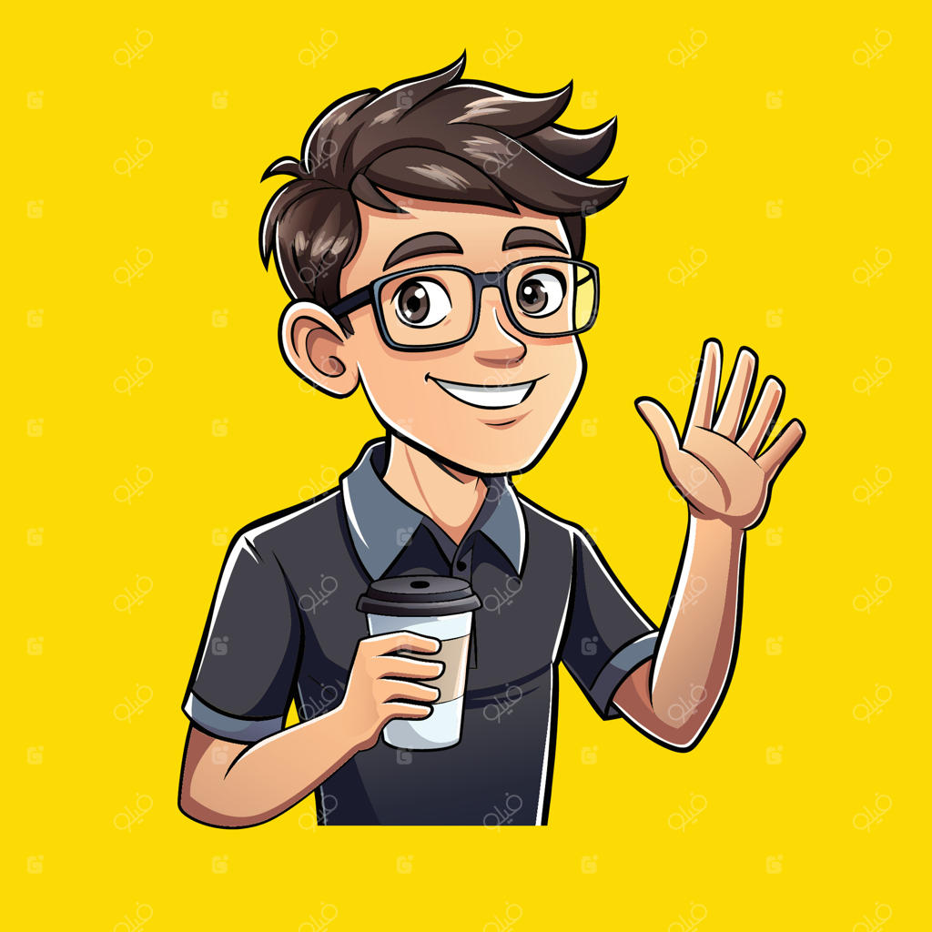 پسر کارتونی با عینک و فنجان قهوه در دست
