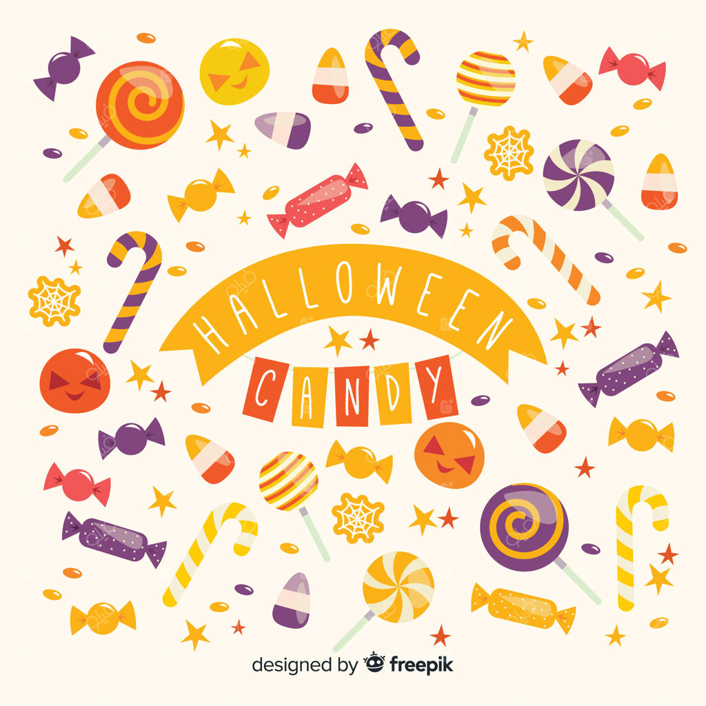 پس‌زمینه‌ای رنگارنگ از آب‌نبات‌های هالووین به سبک طراحی تخت