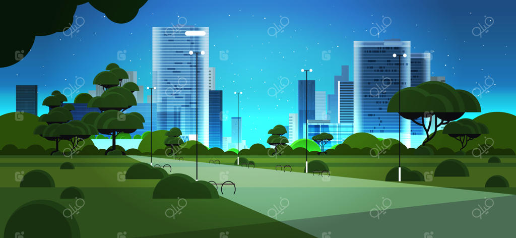 آسمان‌خراش‌ها و آسمان شب پرستاره در پس‌زمینه شهر در شب