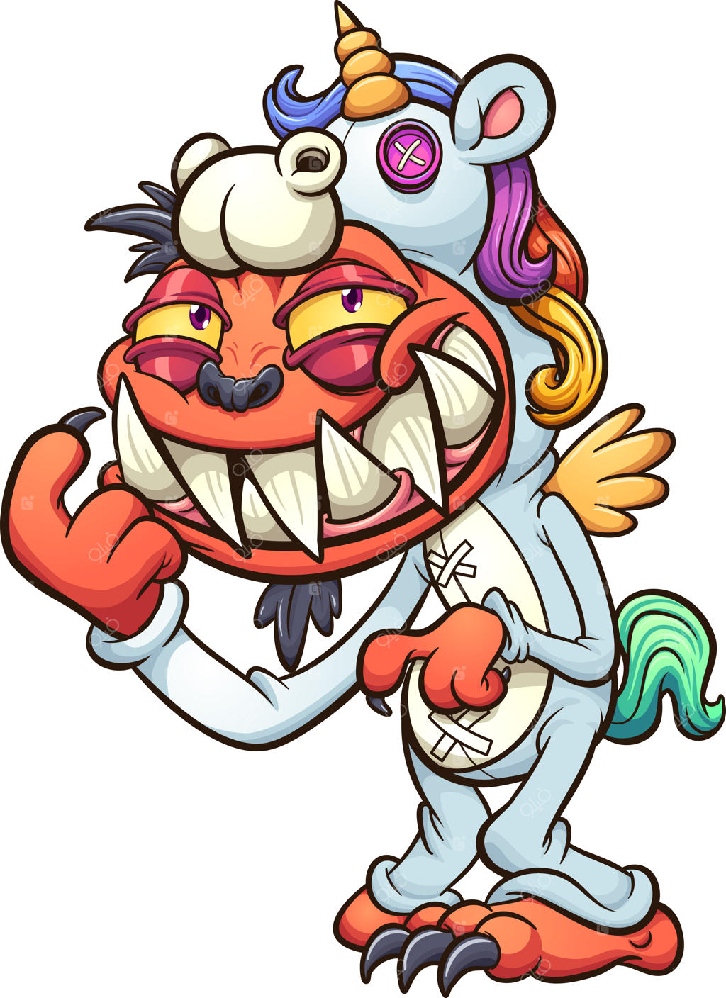 هیولای نارنجی با لباس خواب تک‌شاخ و لبخند بر لب