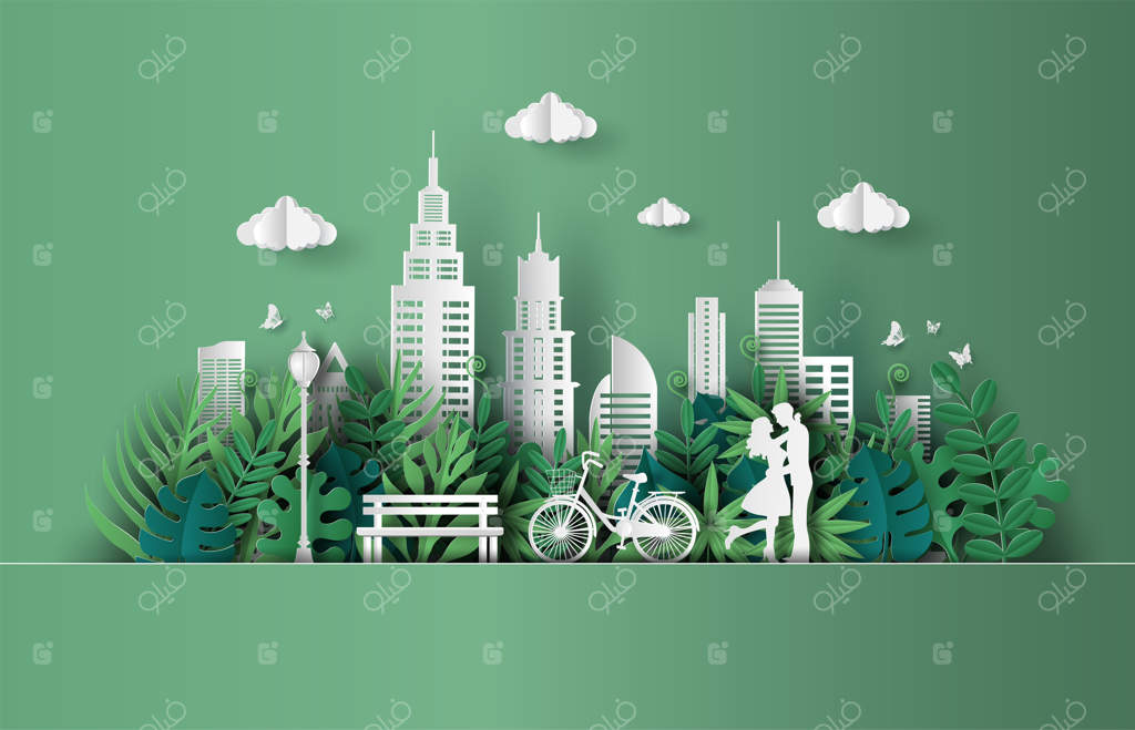 زوج عاشق در آغوش یکدیگر در پارکی با شهر سبز و پایدار.