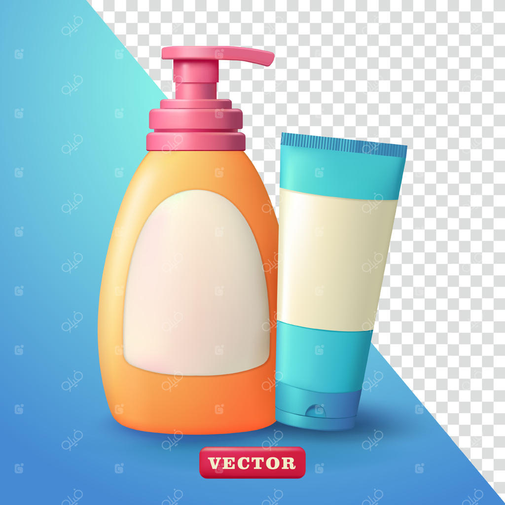 محصولات بهداشتی، بطری‌های شامپو و پاک‌کننده صورت به صورت سه‌بعدی: مناسب برای عناصر طراحی