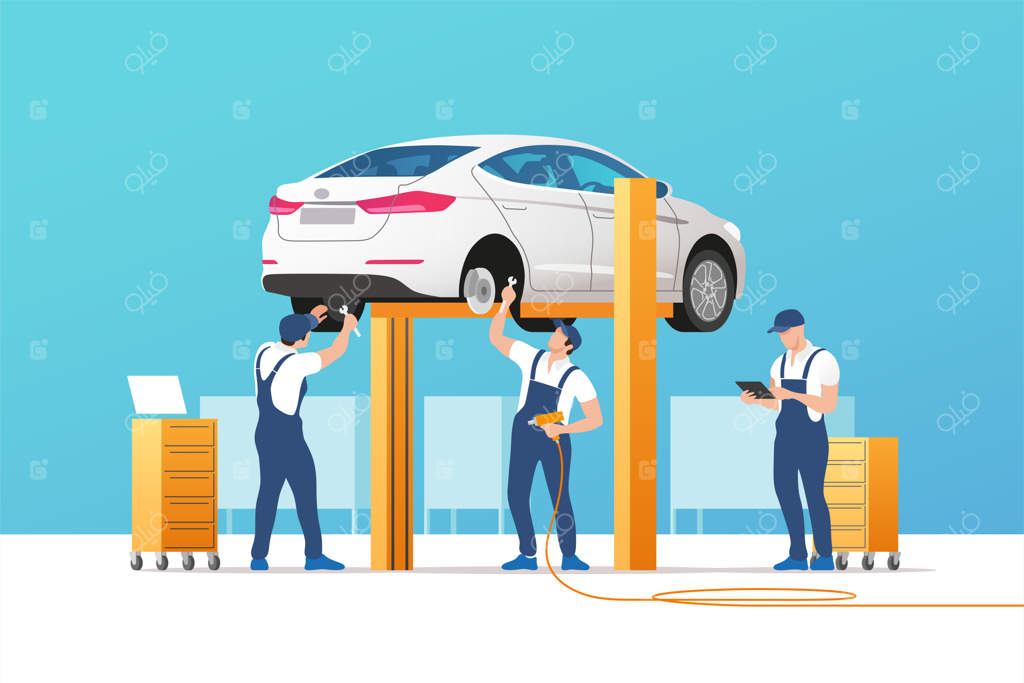 خدمات و تعمیرات خودرو: بازدید و نگهداری ماشین در کارگاه توسط تیم مکانیکان.