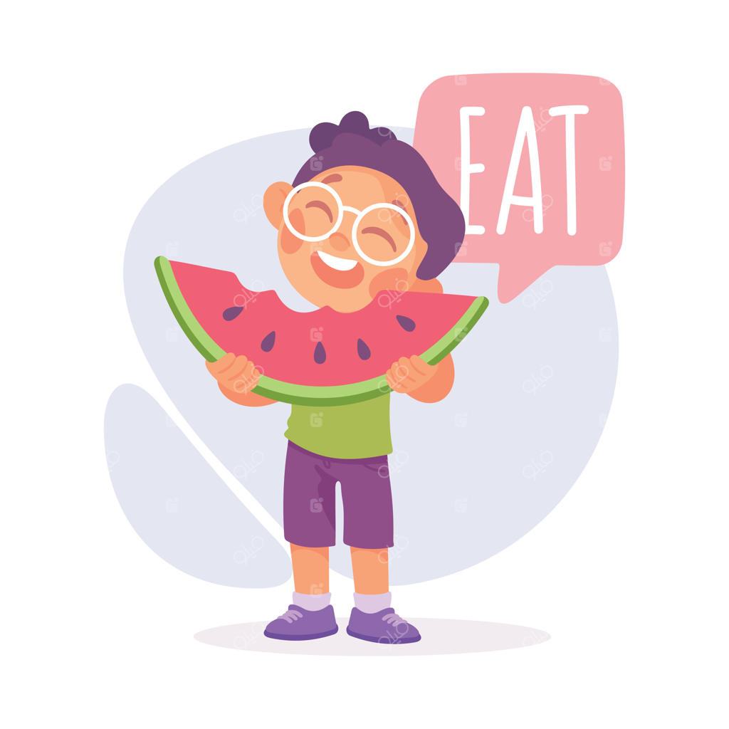 پسر در حال خوردن هندوانه: آموزش واژگان فعالیت‌ها به کودکان همراه با تصویر شرح‌دهنده