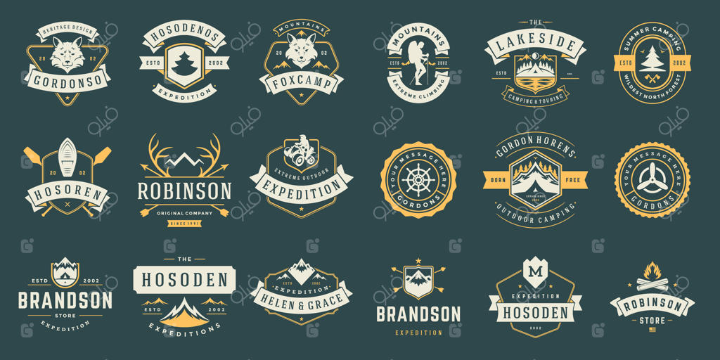مجموعه الگوها و عناصر طراحی برچسب‌ها و نشان‌های کمپینگ و سیلوئت‌ها