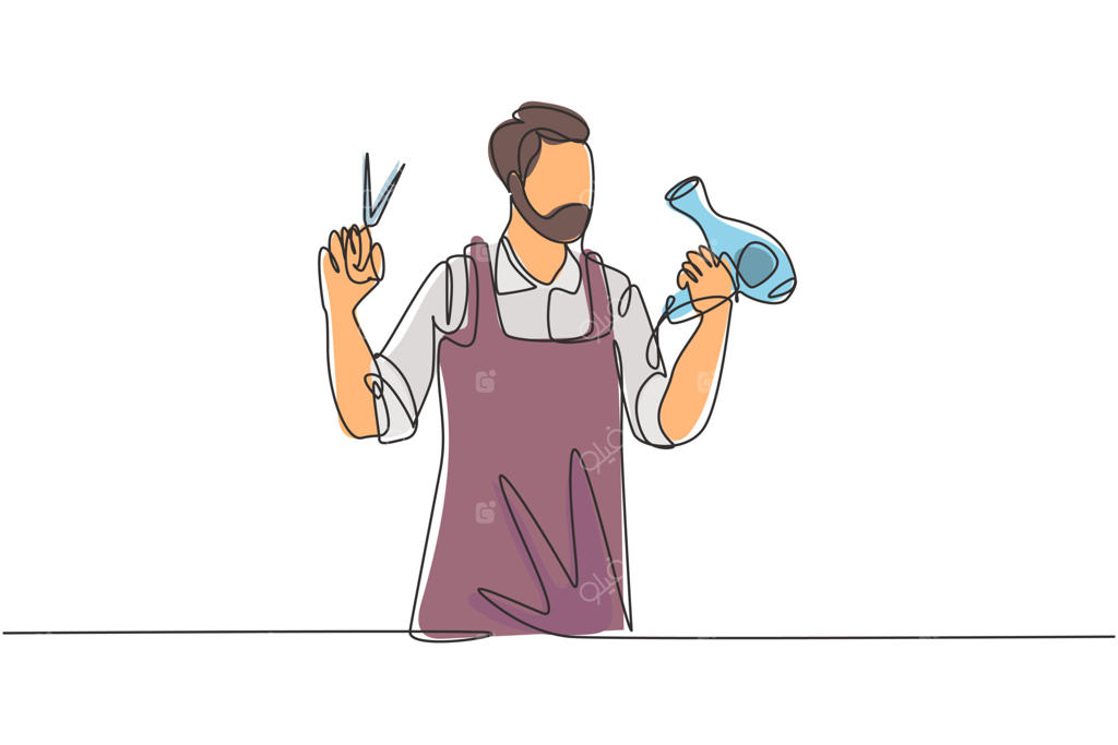 نقاشی خطی: آرایشگر جوان با سشوار و قیچی آماده برای خدمت به مشتری