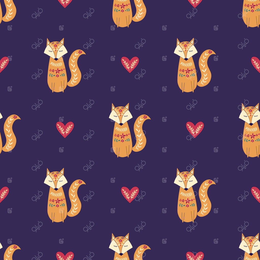 پترن یکپارچه قومی با روباه‌ها و قلب‌ها در سبک فولکلور وکتور
