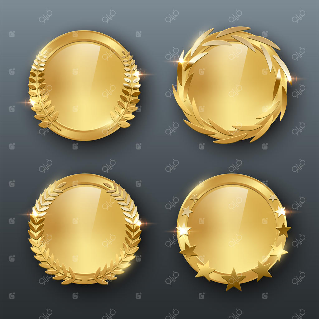 تصویر رنگی واقعی مدال‌های طلایی بدون حکاکی بر روی پس‌زمینه خاکستری