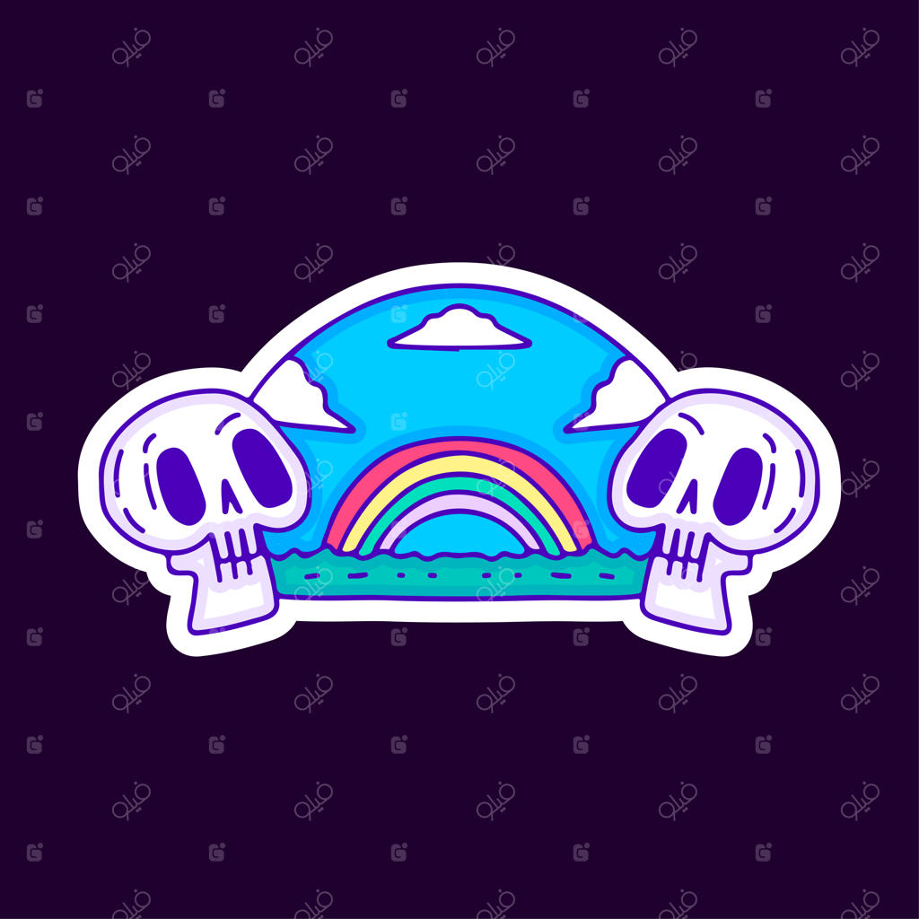 جمجمه با منظره رنگین‌کمانی، طرح کارتونی برای تی‌شرت و برچسب.