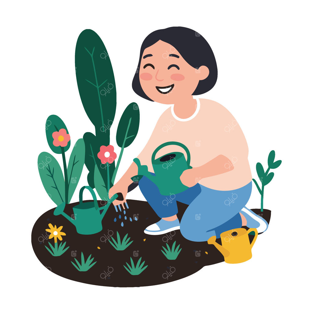 زنی در حال آبیاری گیاهان در باغ است