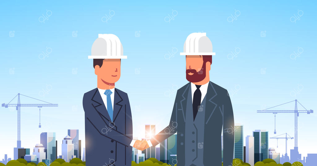 دو تاجر در حال دست دادن در محل ساخت و ساز شهر