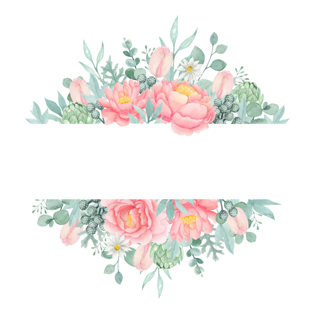 بنر گل آبرنگی با گل صد تومانی، اوکالیپتوس، لاله و آرتیشو