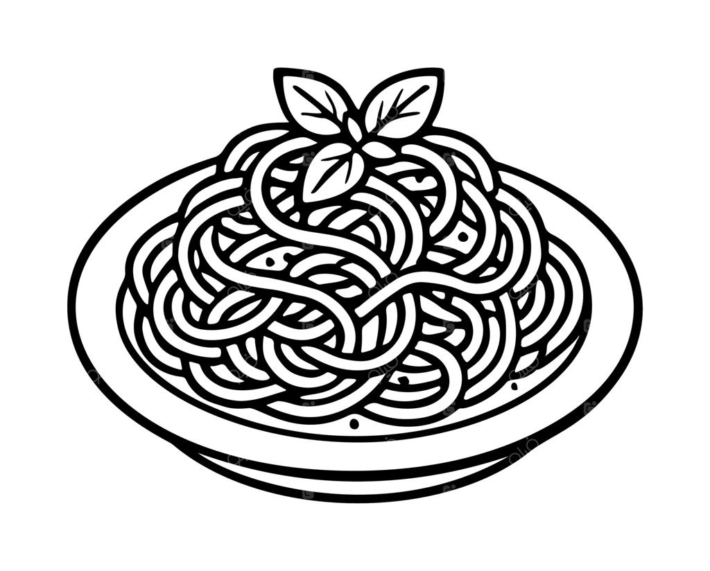 پاستا با ریحان - آیکون خطی، طراحی مشکی و سفید ساده. مناسب برای لوگو، تتو، اپلیکیشن، کتاب رنگ‌آمیزی، طراحی وب، اینفوگرافیک، بنر، پوستر، تصویرسازی.