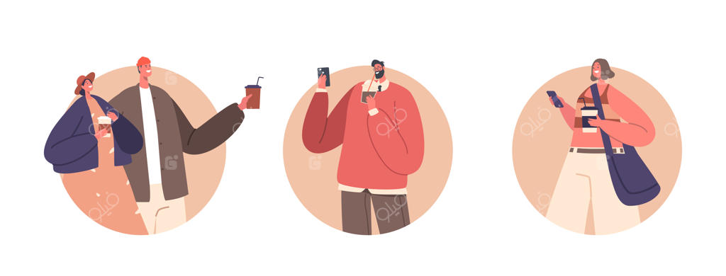 آدم‌ها در حال نوشیدن - آیکون‌ها یا آواتارهای مجزا روی زمینه سفید - افراد در حال استراحت و گفتگو در زمان استراحت قهوه