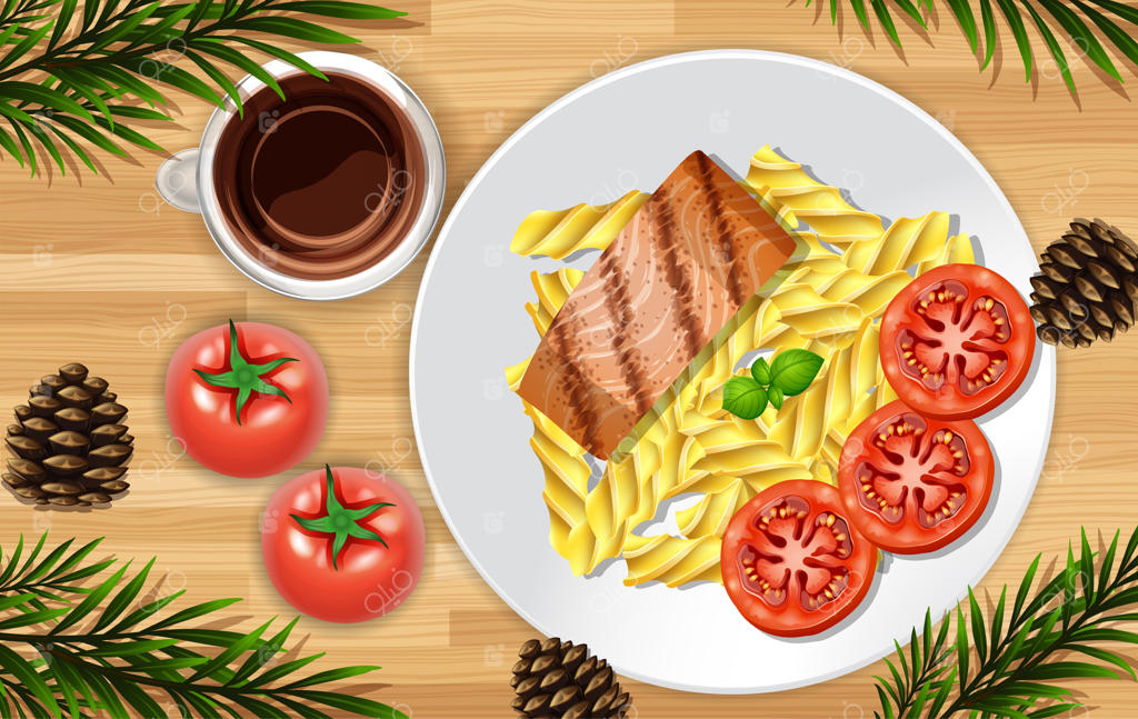 استیک سالمون در نمای نزدیک با پس‌زمینه میز و برگ‌های تزئینی