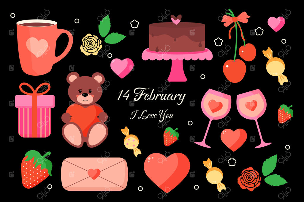 مجموعه‌ای از عناصر برای روز ولنتاین - طرحی برای ۱۴ فوریه: هدایا، قلب‌ها، کیک، گیلاس، ماگ، گل‌ها، رزها و توت‌فرنگی‌ها.