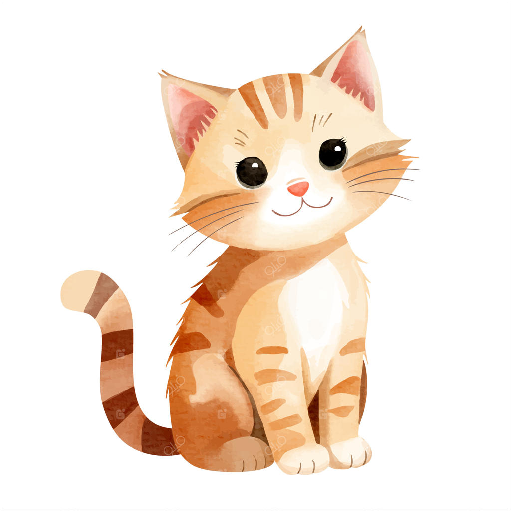 گربه‌ی بامزه به سبک آبرنگی. حیوانات مزرعه دست‌کشیده. بچه‌گربه آبرنگی.