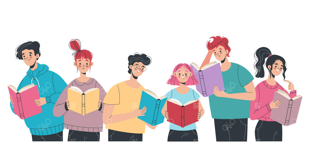 طراحی کارتونی مفهومی شخصیت‌ها، دوستان و دانشجویان در حال مطالعه کتاب