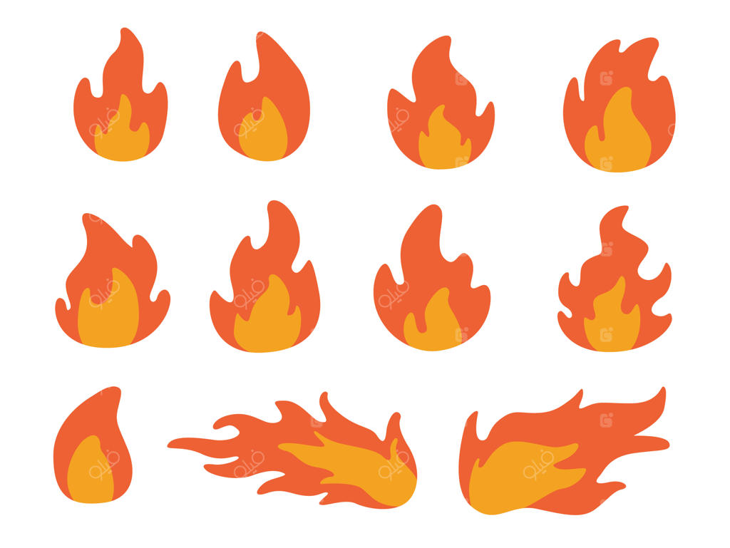 آیکون‌های خطی و تخت شعله‌های آتش قرمز و نارنجی در اشکال متنوع