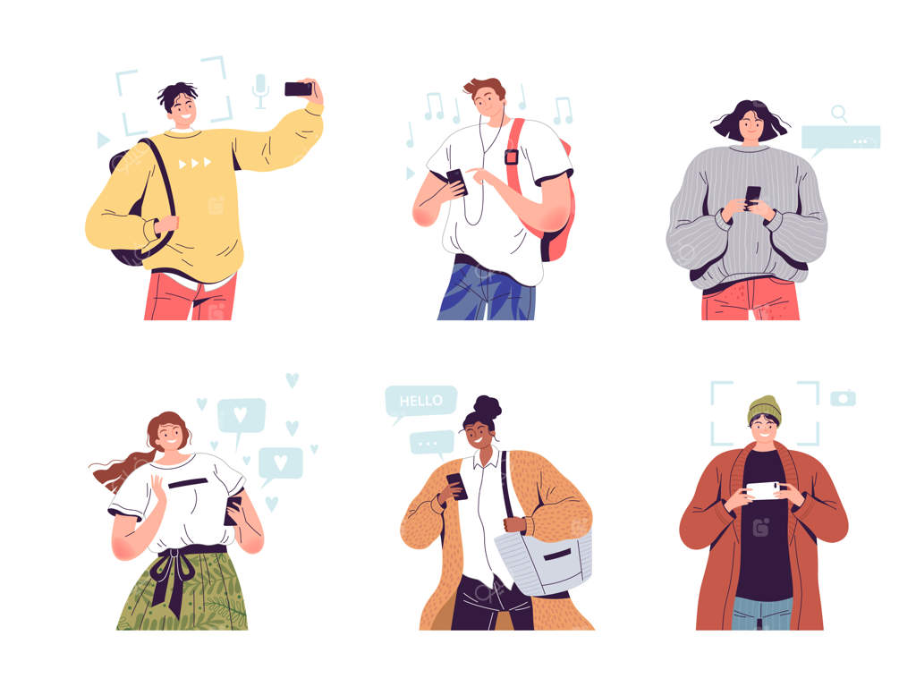 گروهی از افراد خوشحال با گوشی‌های موبایل در دستشان.