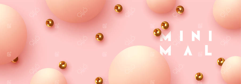 گوی‌های واقع‌گرایانه، پس‌زمینه انتزاعی با عناصر سه‌بعدی. پترن اشیاء هندسی دایره‌ای. توپ‌های گرد به رنگ صورتی ملایم و مهره‌های فلزی طلایی. پوستر افقی مدرن، بنر، هدرهای وب‌سایت.