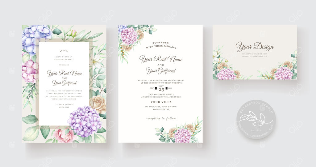 قالب کارت دعوت گلدار با طرح آبرنگی دستی